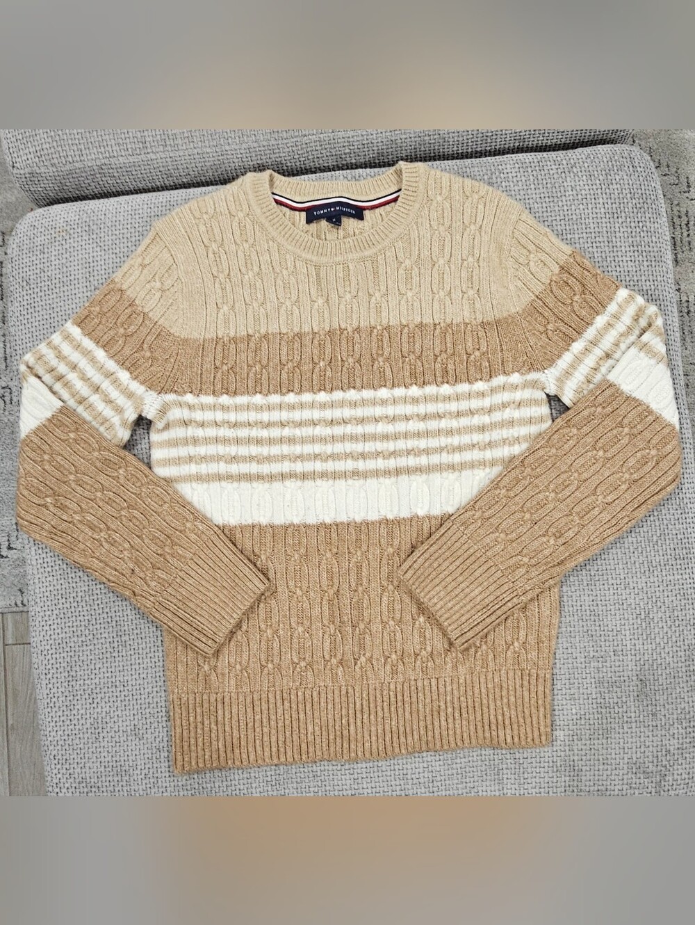 Tommy Hilfiger Women’s Cable Knit Crewneck Sweater in Beige, Cream
